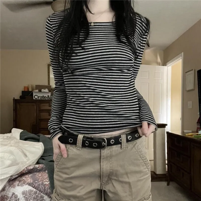 90s Grunge Striped Long Sleeves Top