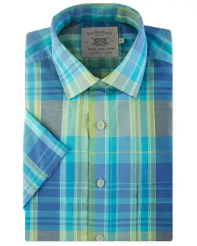 Bar Harbour Short Sleeve Check Rainbow Aqua Blue Shirt Big and Tall