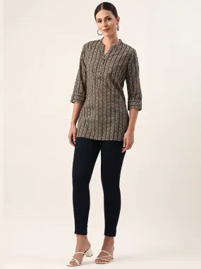 Blue Mandarin Collar Leaf Print Cotton Tunic