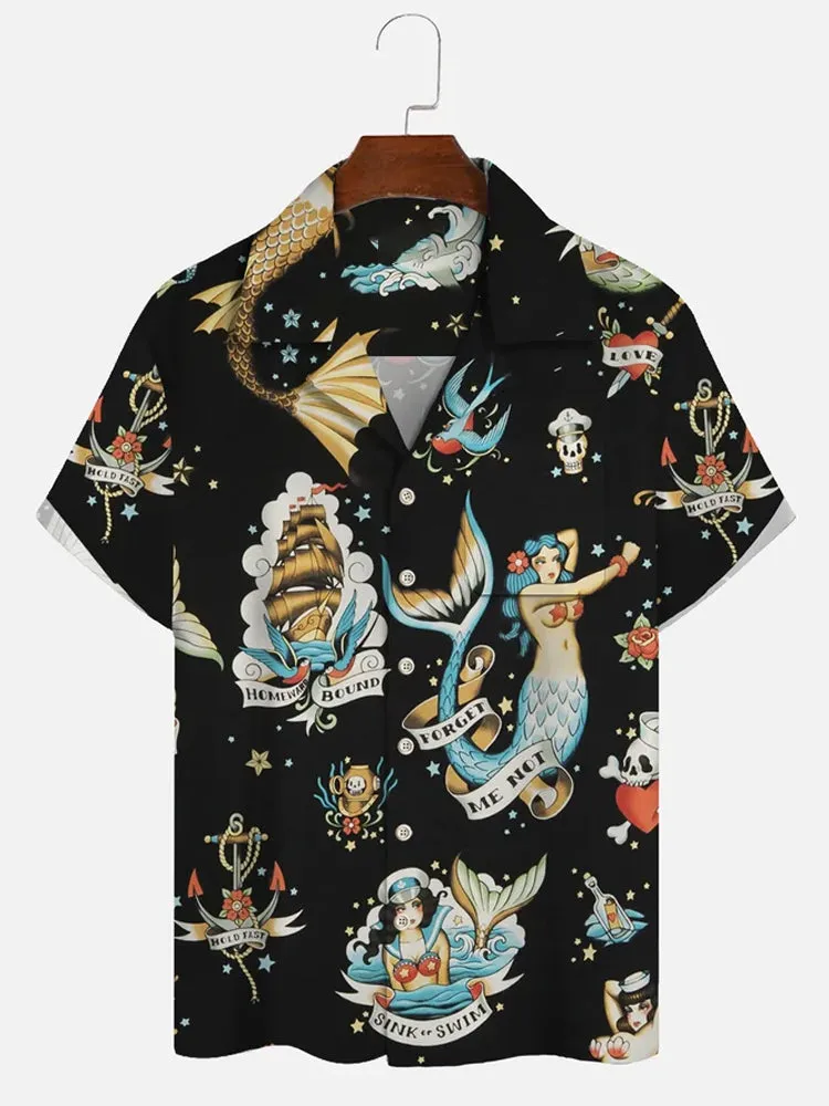 Fydude Men'S Casual Mermaid Print Hawaiian Shirt Set