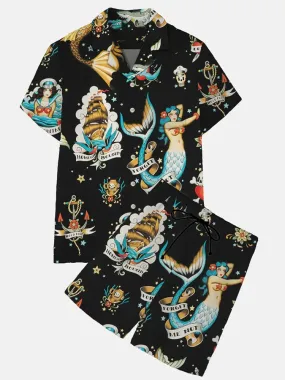 Fydude Men'S Casual Mermaid Print Hawaiian Shirt Set