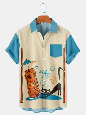 Fydude Men's Kitten and mask statue Printed Shirt
