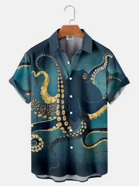 Fydude Men'S Ocean Gilded Octopus Printed Shirt
