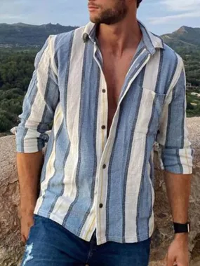 Fydude Men'S Striped Cotton linen Shirt