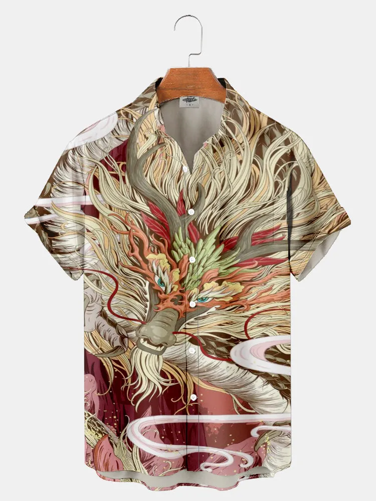 Fydude Men's ukiyo-e oriental dragon print shirt