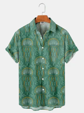 Fydude Men'S Vintage Jellyfish Print Short Sleeve Shirt