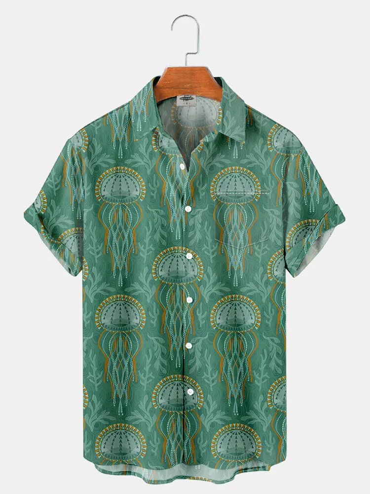 Fydude Men'S Vintage Jellyfish Print Short Sleeve Shirt
