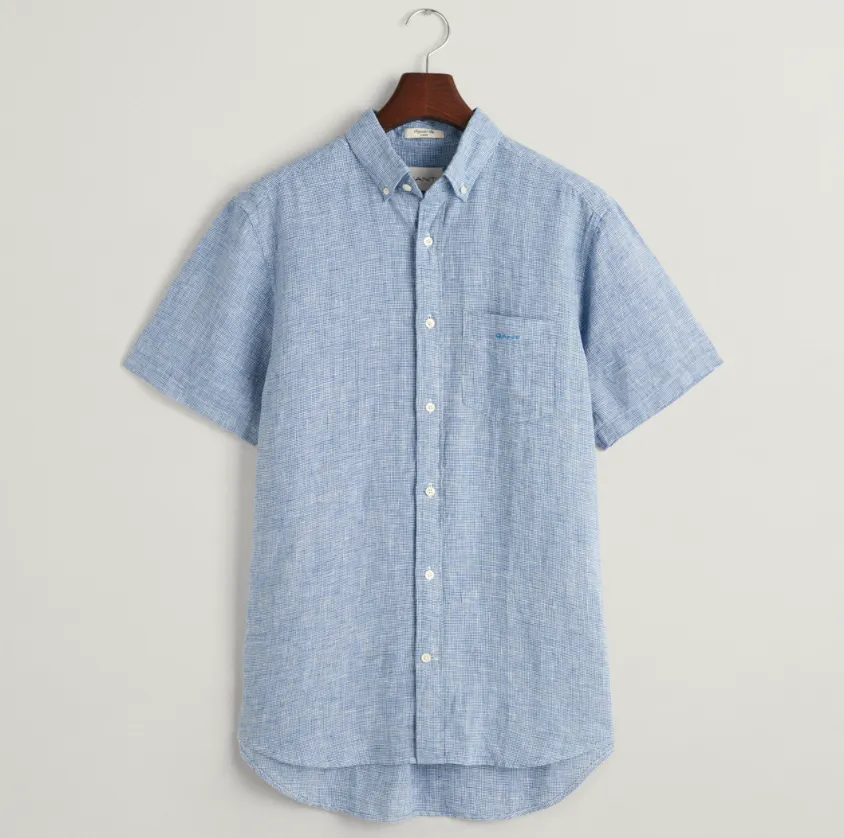 GANT - Regular Linen Houndstooth Short Sleeve Shirt, Rich Blue