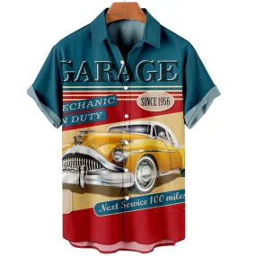 Hawaiian shirt vintage, Hawaii shirts mens, Men's Retro Contrast Color Stitching Garage Car Casual Shirt