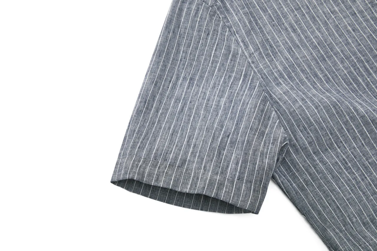 Linen Blend Stand Collar Stripe Casual Shirt in Smart Fit