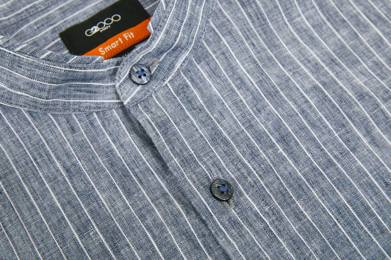Linen Blend Stand Collar Stripe Casual Shirt in Smart Fit