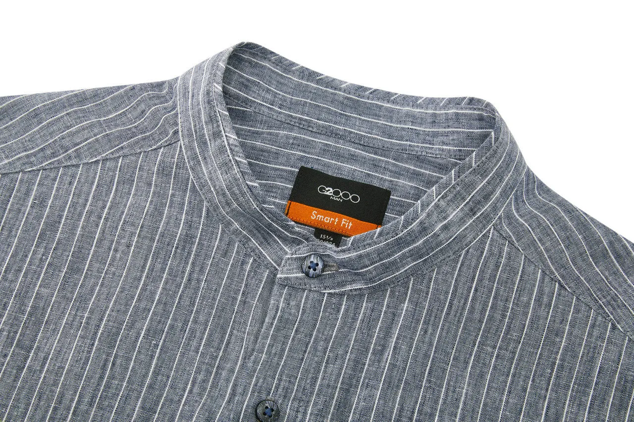 Linen Blend Stand Collar Stripe Casual Shirt in Smart Fit