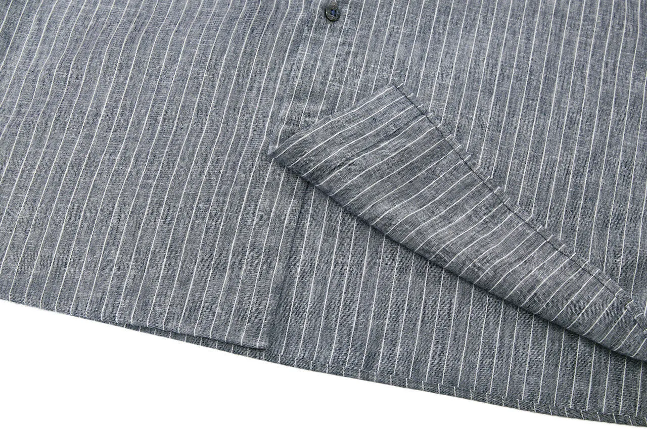 Linen Blend Stand Collar Stripe Casual Shirt in Smart Fit