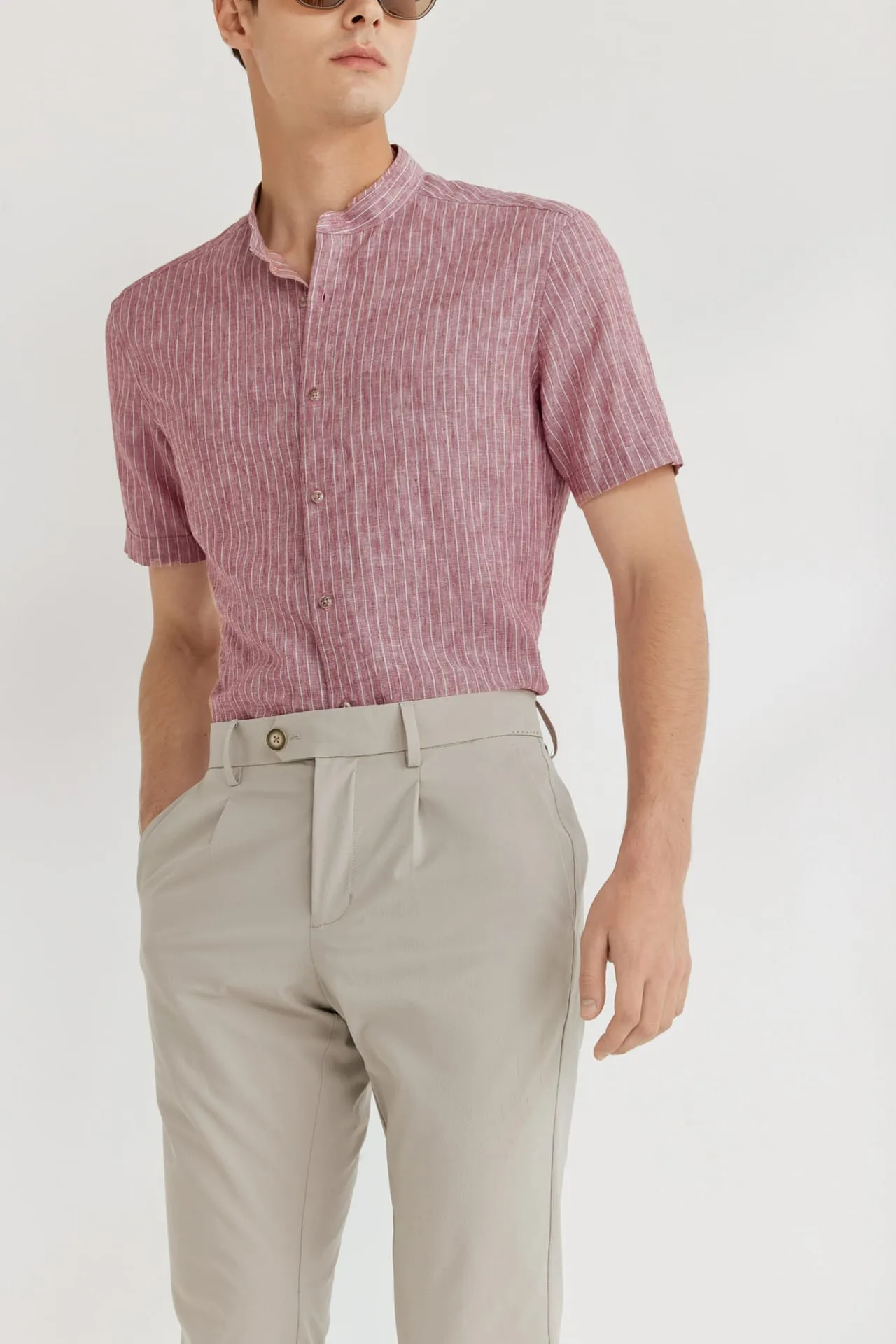 Linen Blend Stand Collar Stripe Casual Shirt in Smart Fit