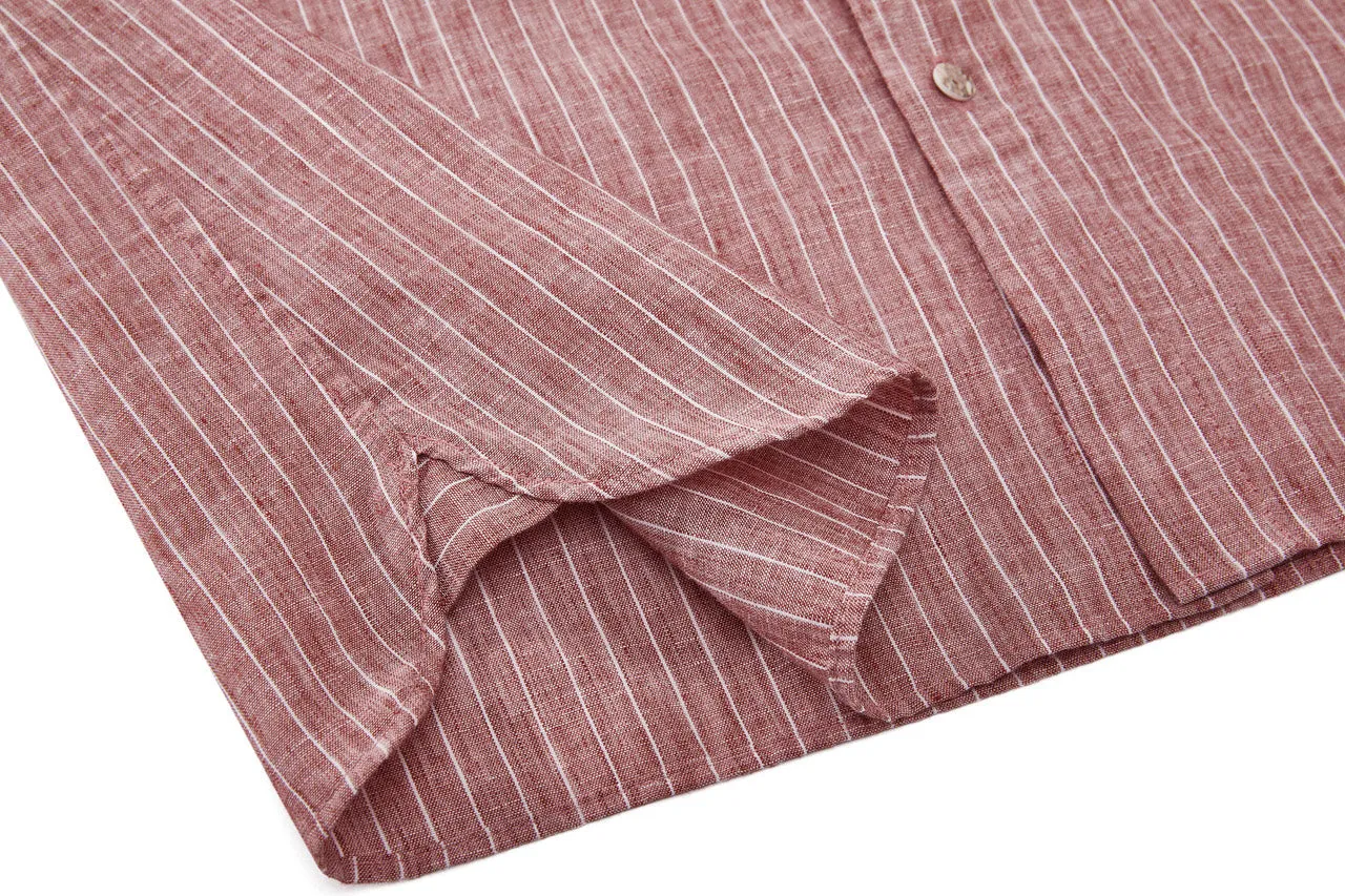 Linen Blend Stand Collar Stripe Casual Shirt in Smart Fit