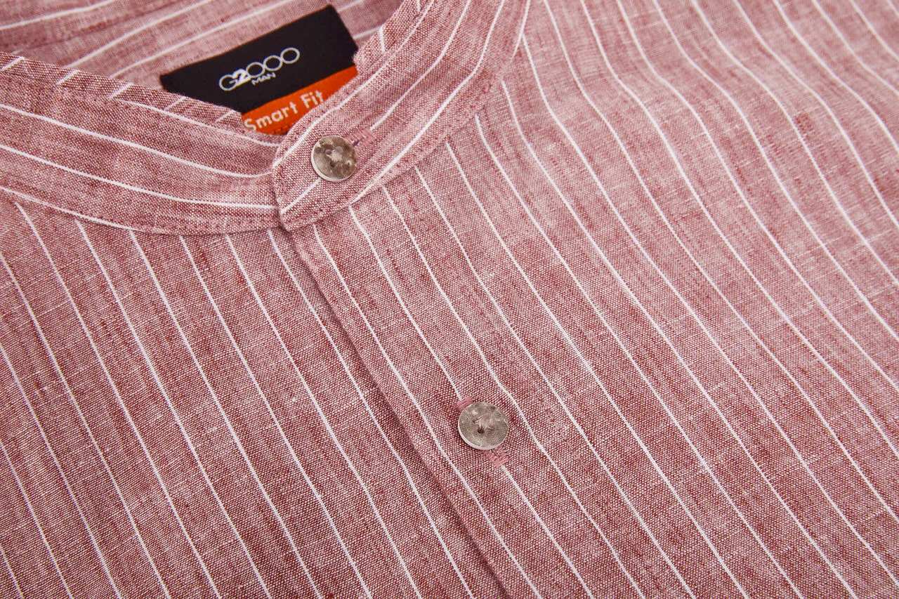 Linen Blend Stand Collar Stripe Casual Shirt in Smart Fit