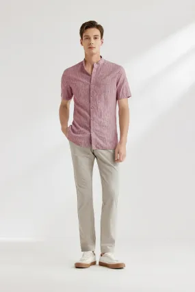Linen Blend Stand Collar Stripe Casual Shirt in Smart Fit
