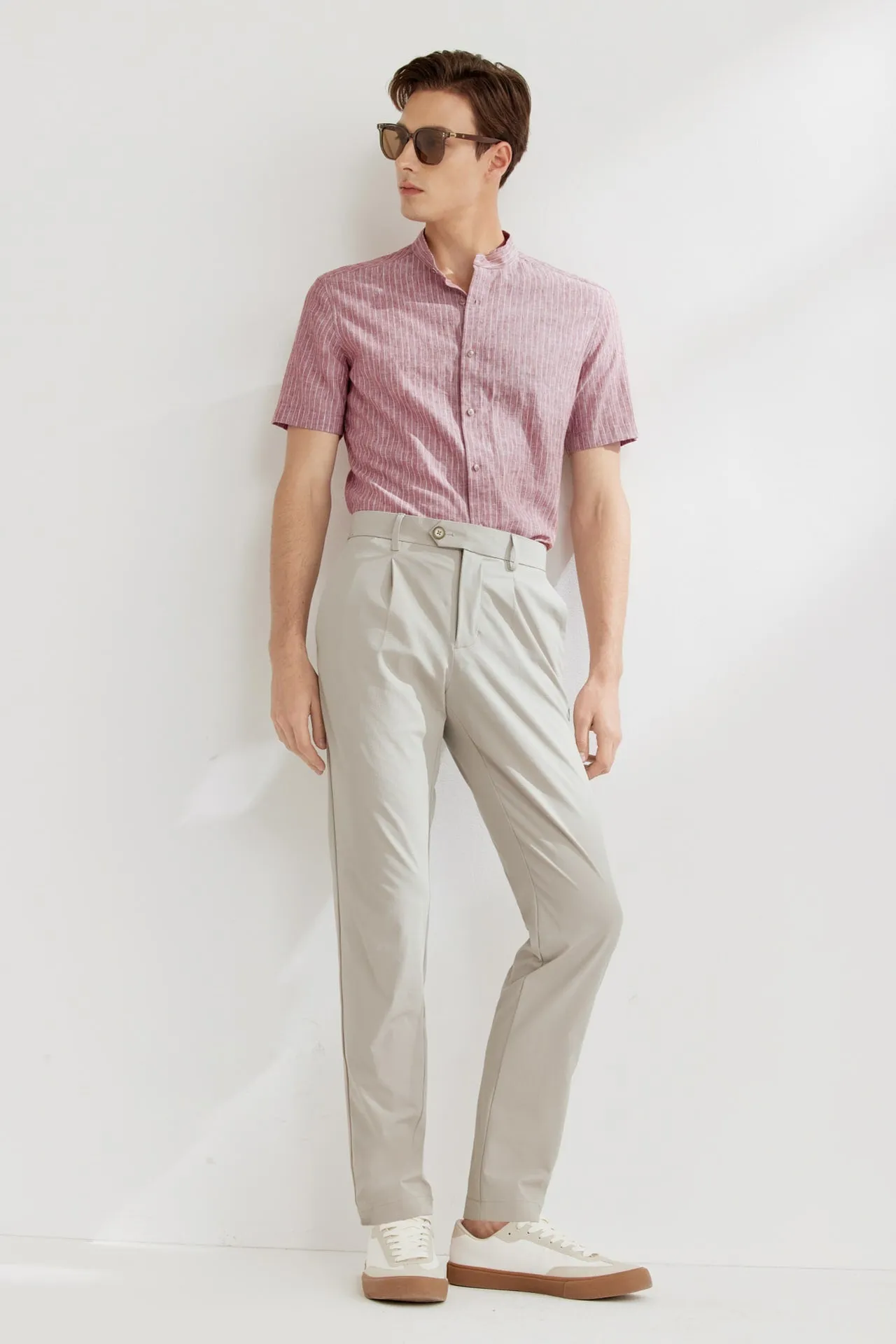 Linen Blend Stand Collar Stripe Casual Shirt in Smart Fit