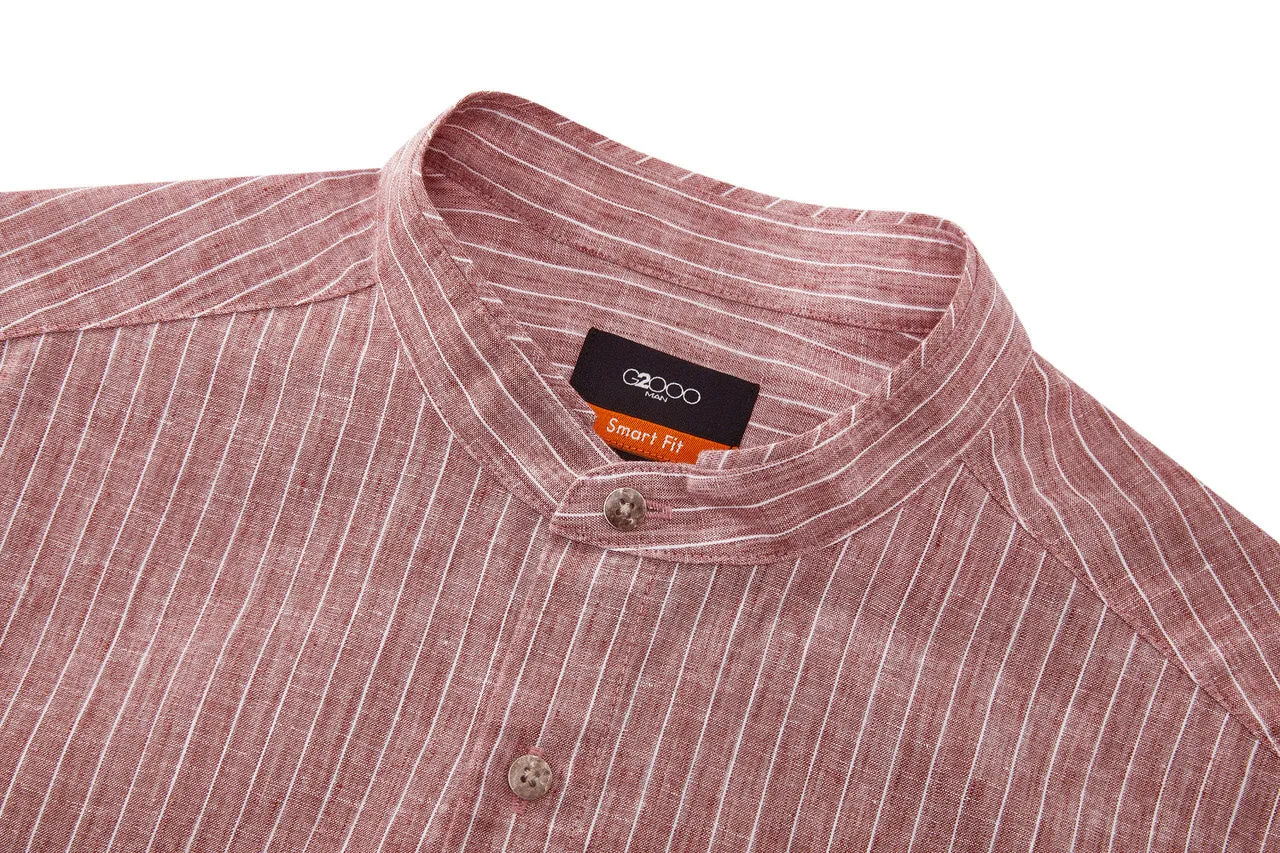 Linen Blend Stand Collar Stripe Casual Shirt in Smart Fit