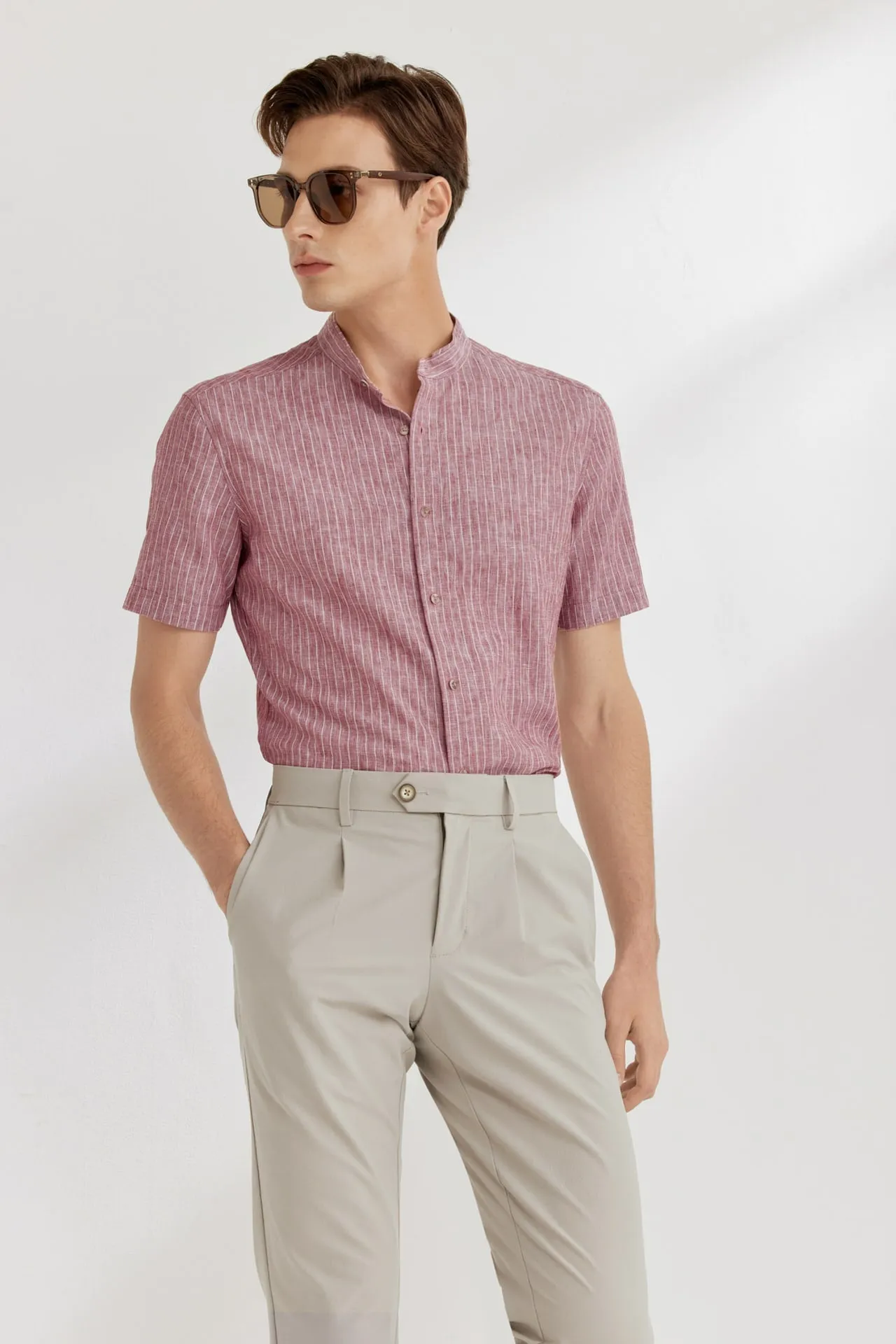 Linen Blend Stand Collar Stripe Casual Shirt in Smart Fit