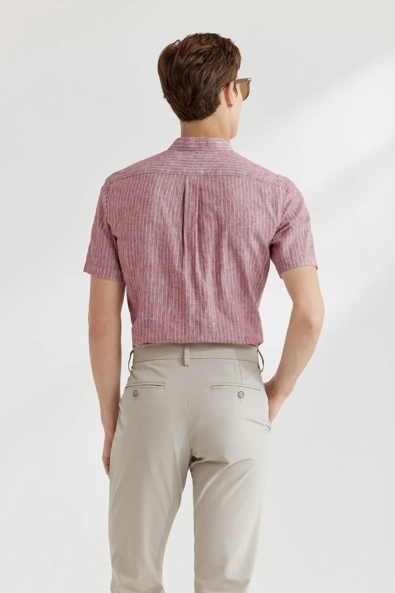 Linen Blend Stand Collar Stripe Casual Shirt in Smart Fit