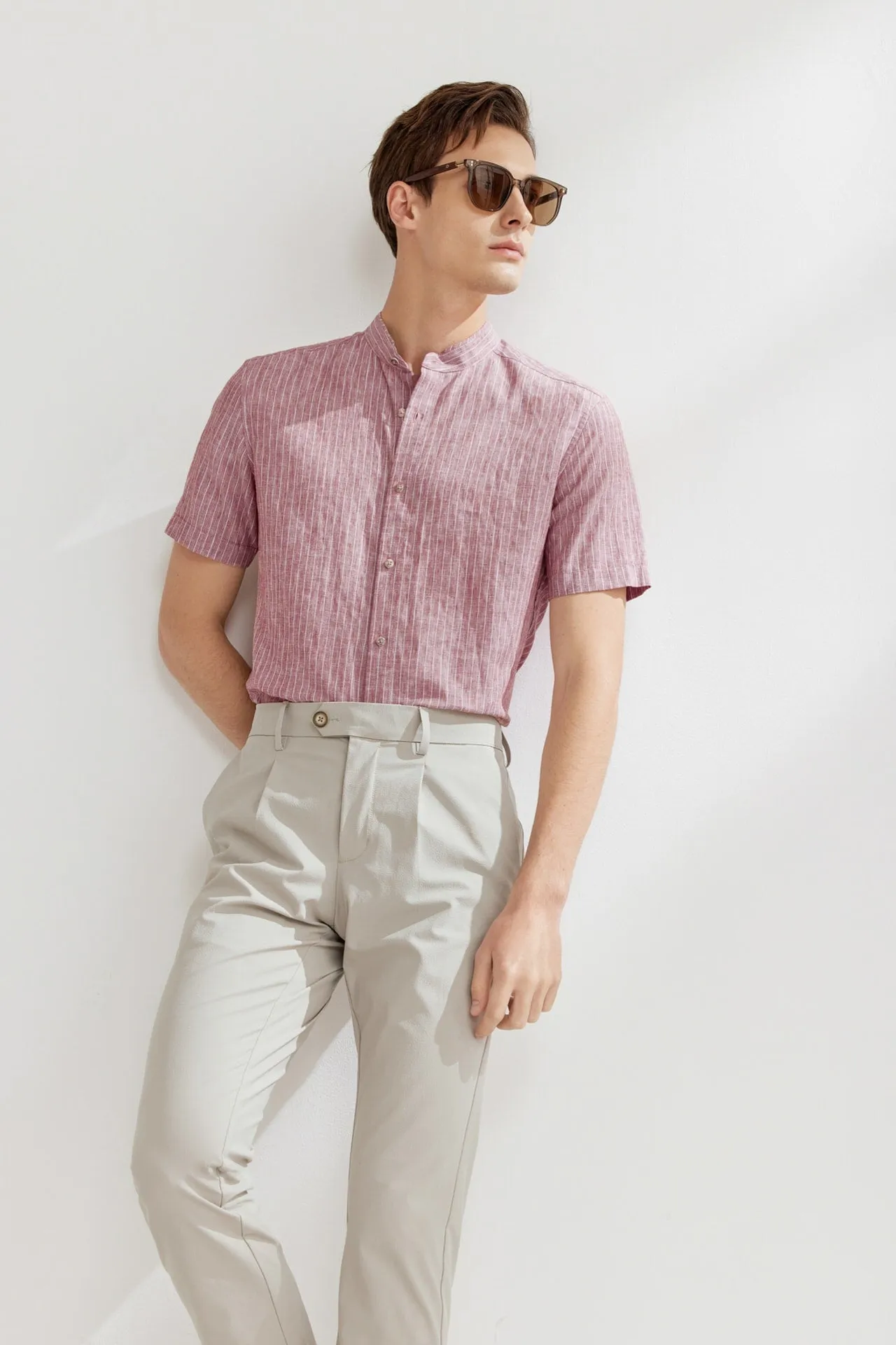 Linen Blend Stand Collar Stripe Casual Shirt in Smart Fit