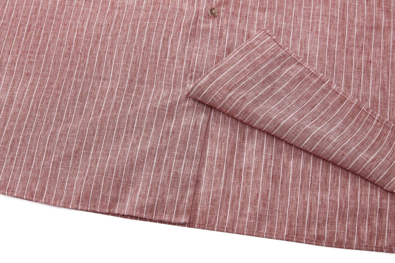 Linen Blend Stand Collar Stripe Casual Shirt in Smart Fit