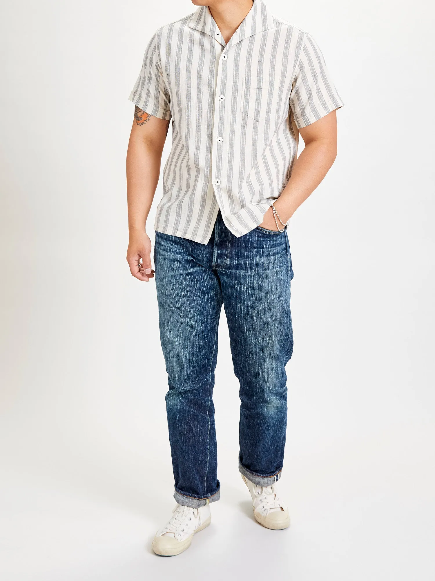 Linen Italian Collar Shirt in White Stripe