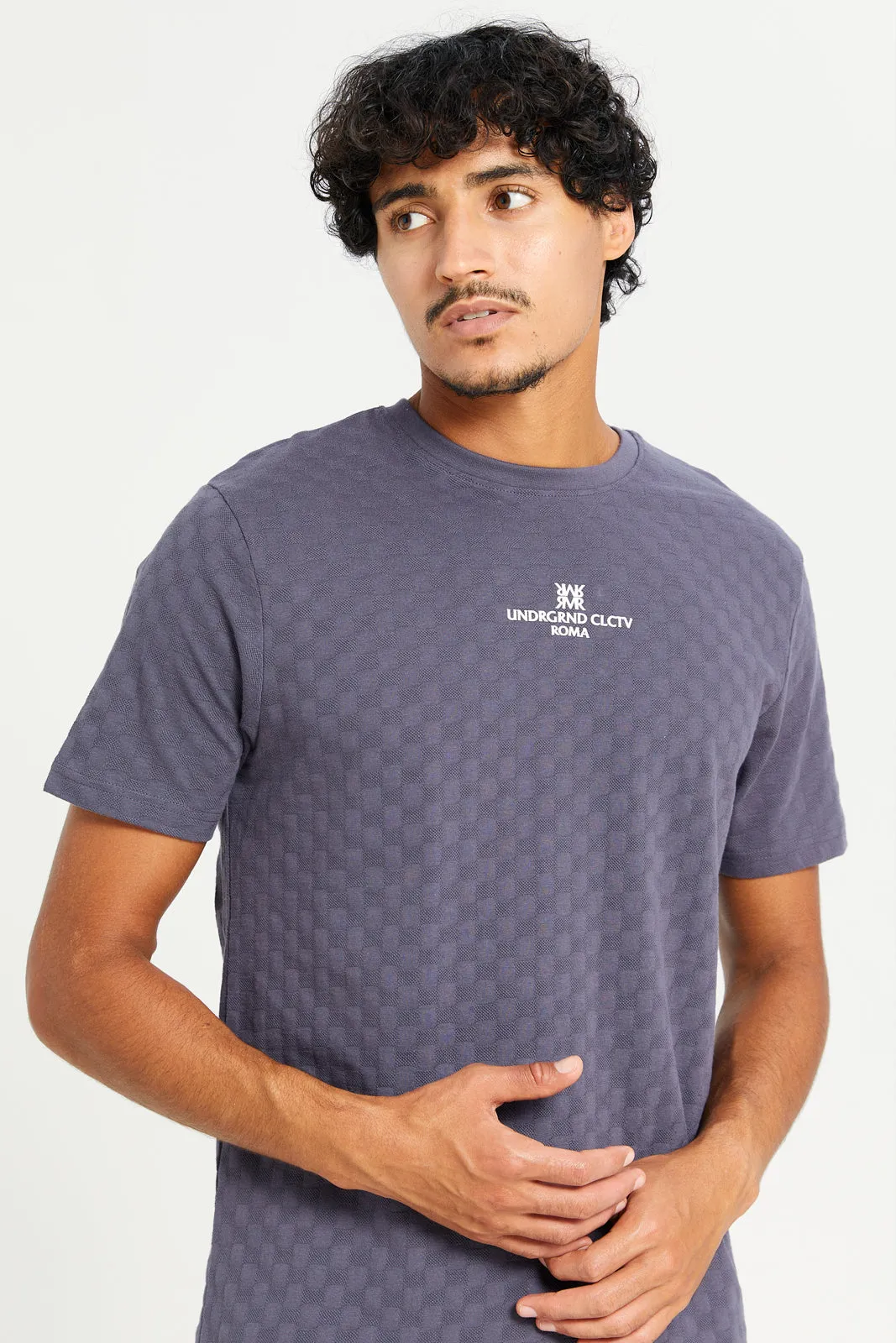 Men Grey Jacquard T-Shirt With Motive Print