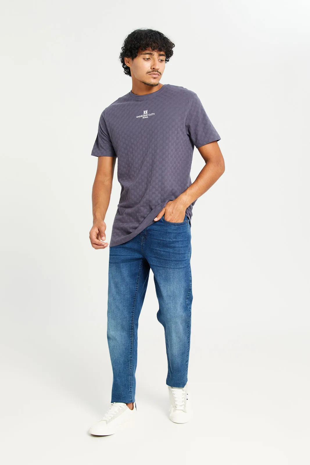 Men Grey Jacquard T-Shirt With Motive Print