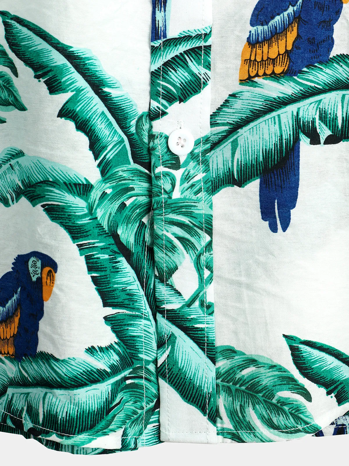 Men' Parrot Print Short Sleeve Pocket Cotton Shirt