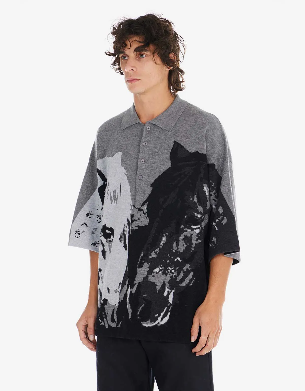 Nahmias Grey Horses Knit Collared Shirt