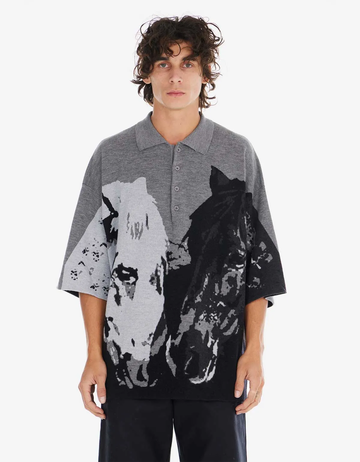 Nahmias Grey Horses Knit Collared Shirt