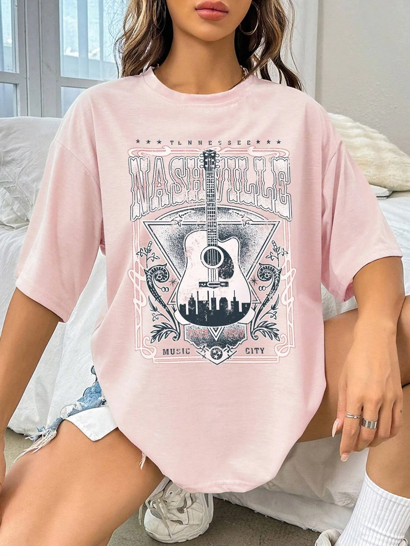 NicholesGifts Women Guitar Graphic Round Neck Half Sleeve Nashville T-Shirt