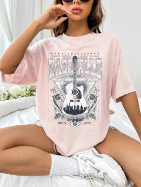 NicholesGifts Women Guitar Graphic Round Neck Half Sleeve Nashville T-Shirt