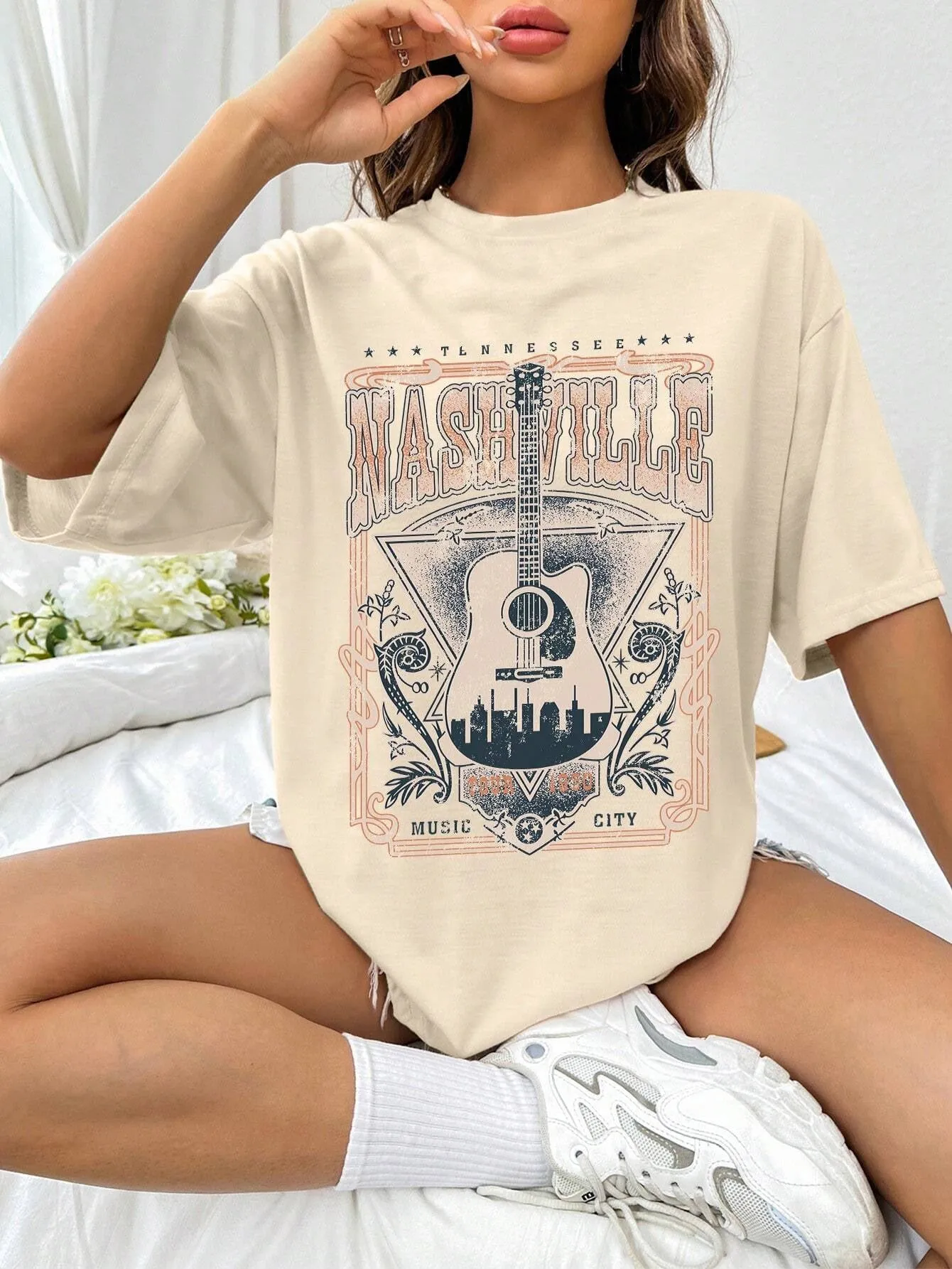 NicholesGifts Women Guitar Graphic Round Neck Half Sleeve Nashville T-Shirt