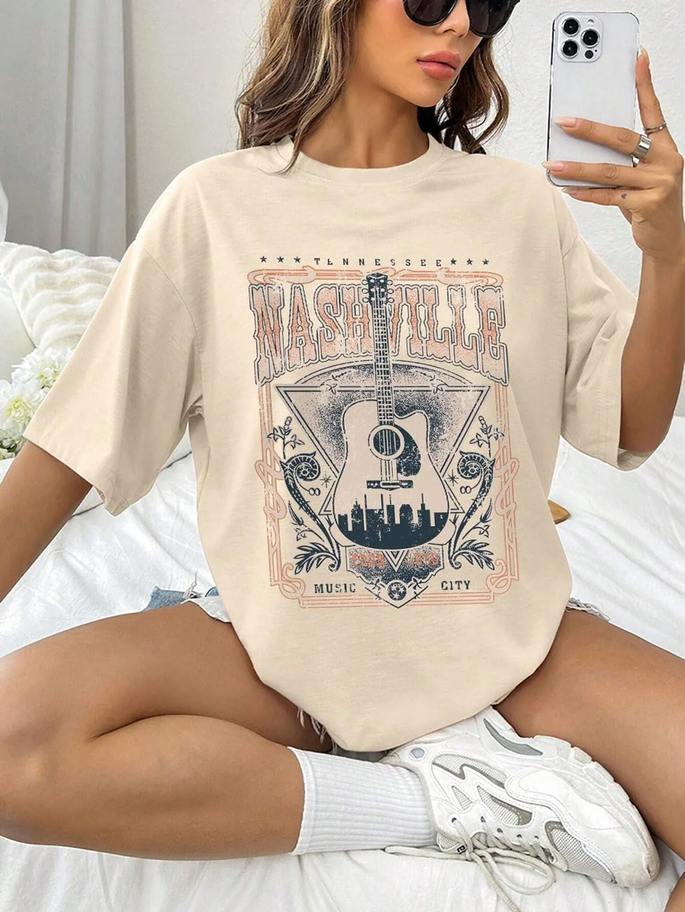 NicholesGifts Women Guitar Graphic Round Neck Half Sleeve Nashville T-Shirt