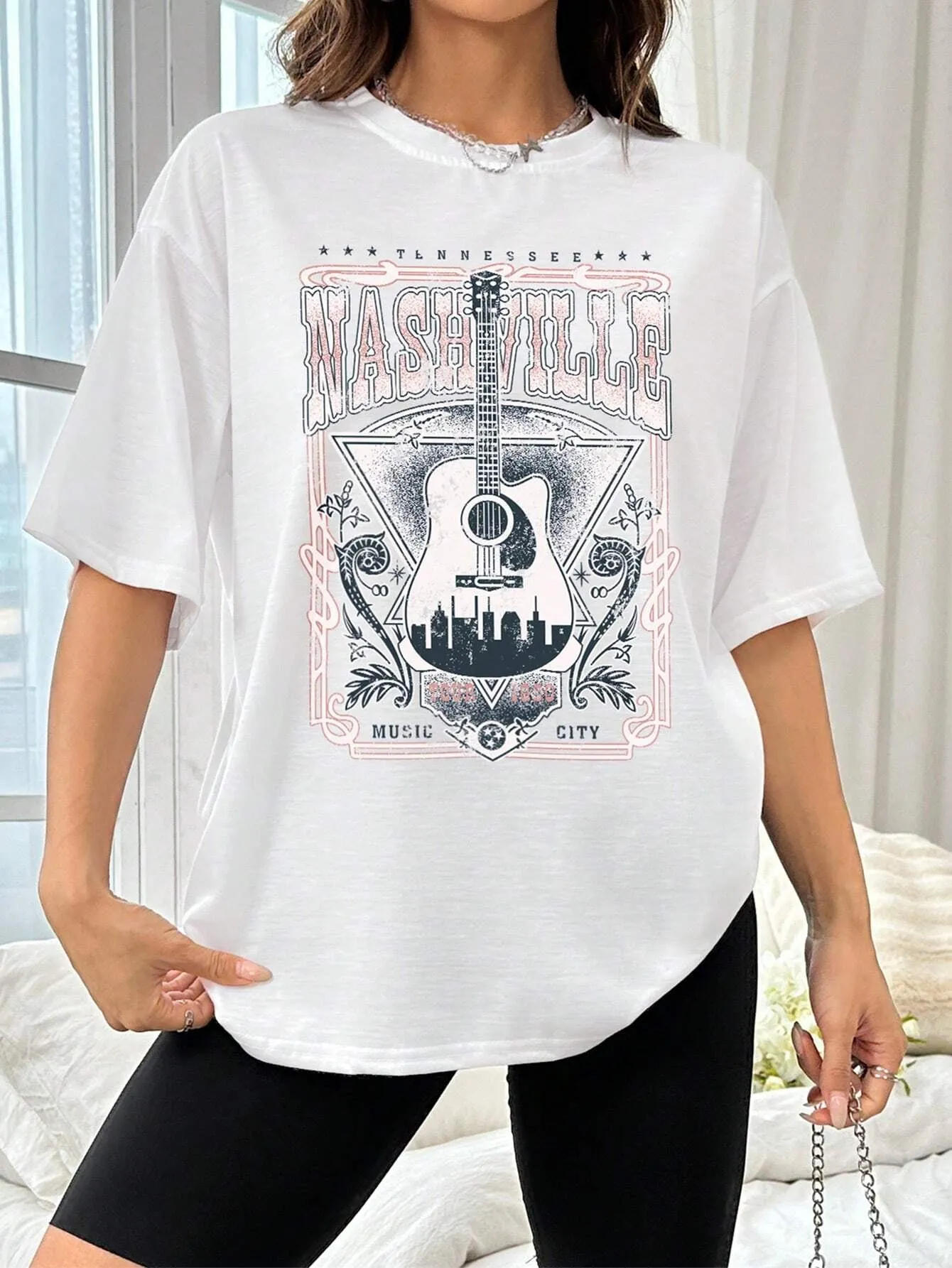 NicholesGifts Women Guitar Graphic Round Neck Half Sleeve Nashville T-Shirt