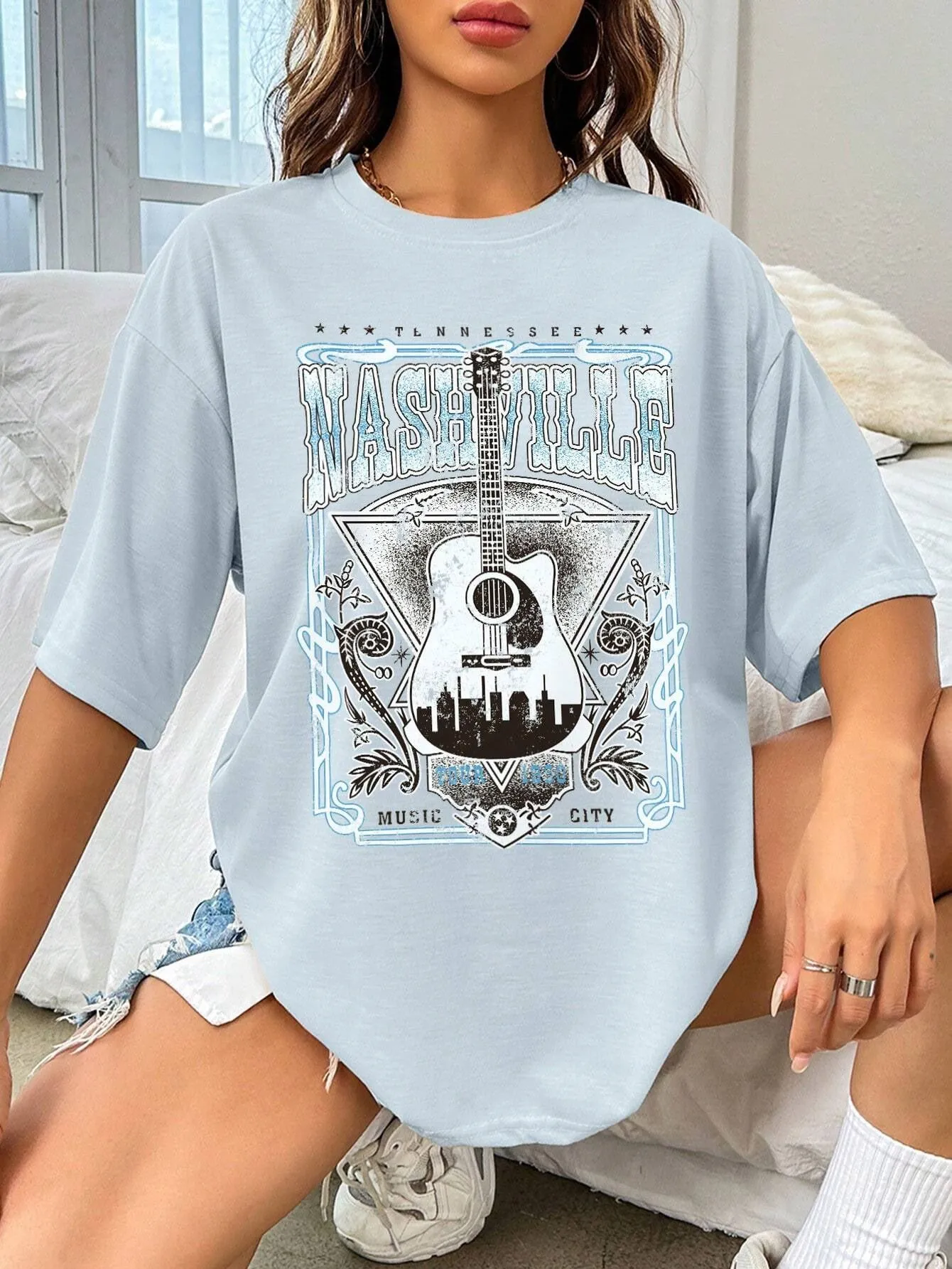 NicholesGifts Women Guitar Graphic Round Neck Half Sleeve Nashville T-Shirt