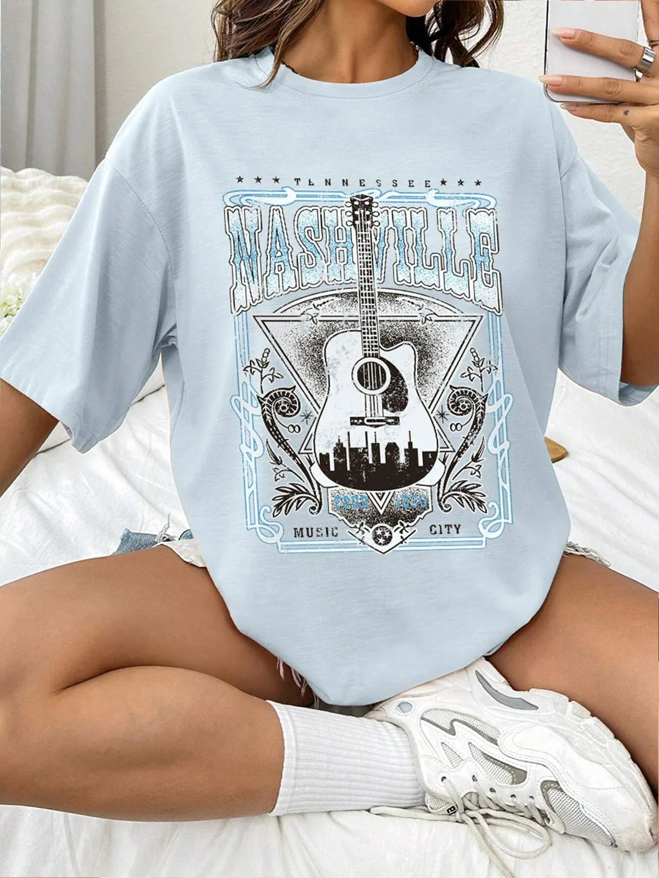 NicholesGifts Women Guitar Graphic Round Neck Half Sleeve Nashville T-Shirt