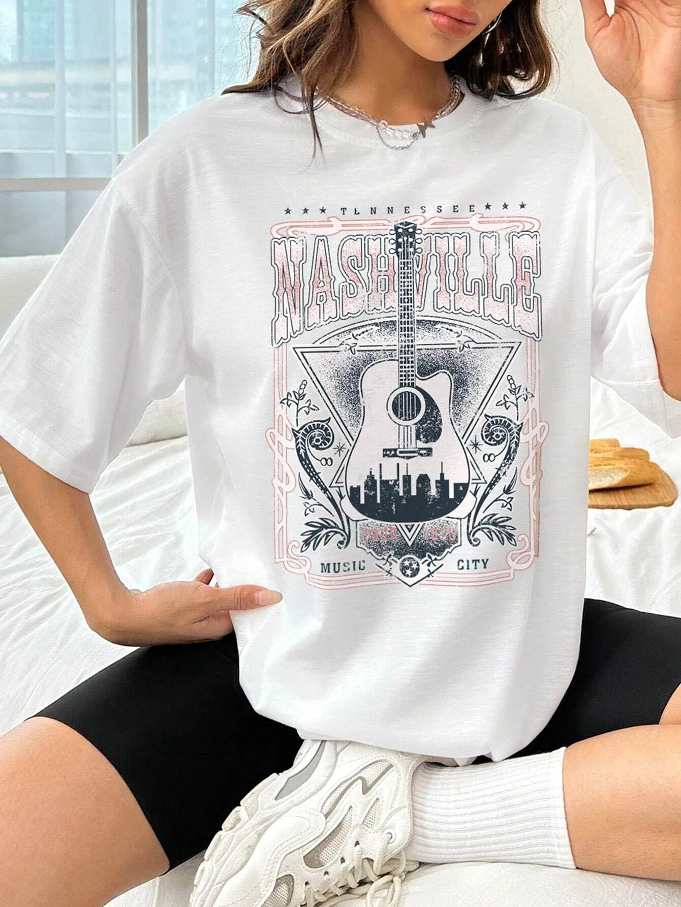 NicholesGifts Women Guitar Graphic Round Neck Half Sleeve Nashville T-Shirt