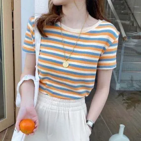 Popular Striped Short Sleeve T-Shirt Summer Women Slim Look Tops Student Korean Matching T-Shirt