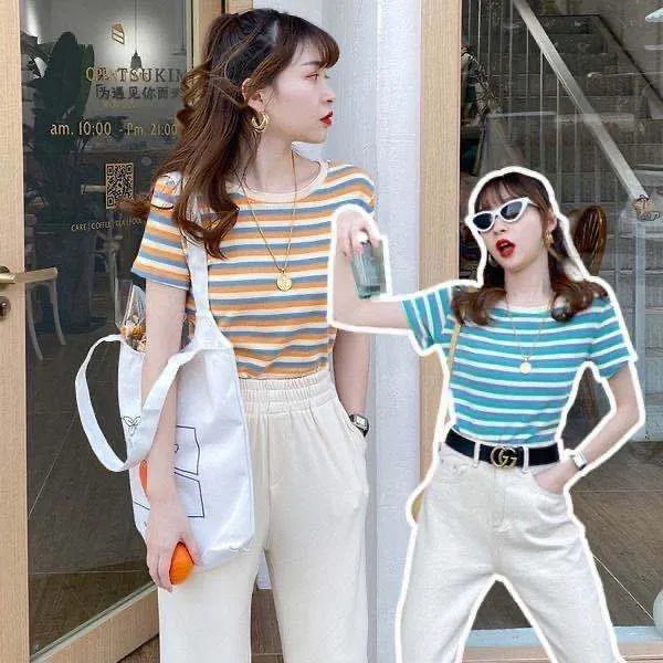 Popular Striped Short Sleeve T-Shirt Summer Women Slim Look Tops Student Korean Matching T-Shirt