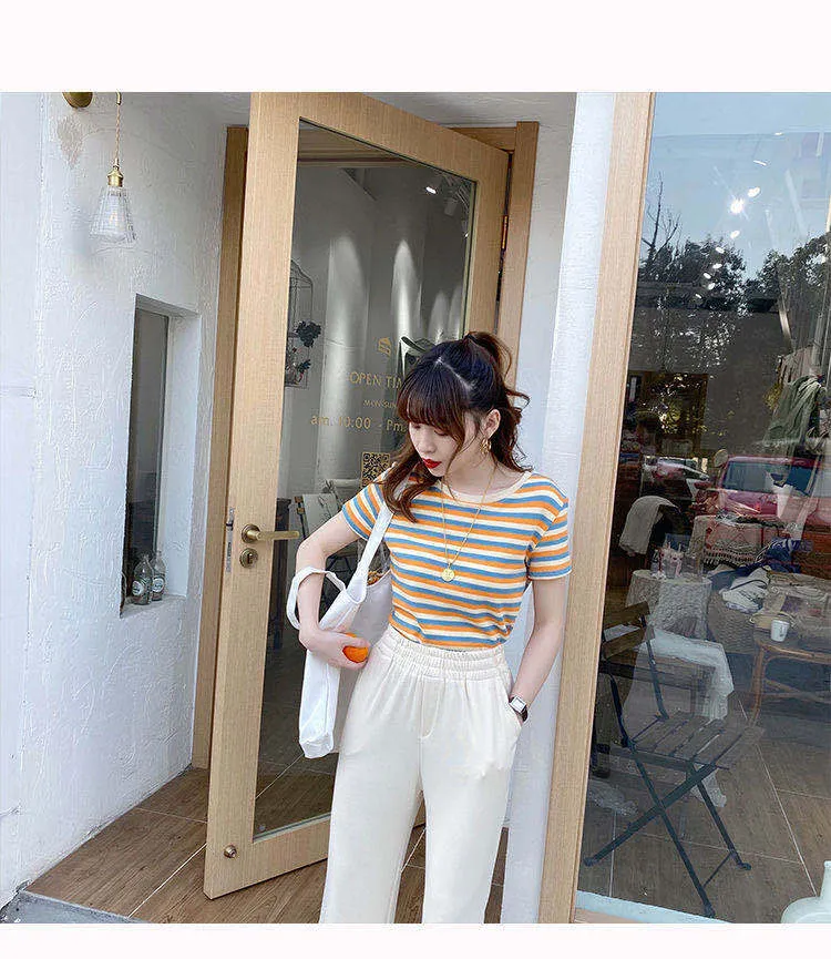 Popular Striped Short Sleeve T-Shirt Summer Women Slim Look Tops Student Korean Matching T-Shirt