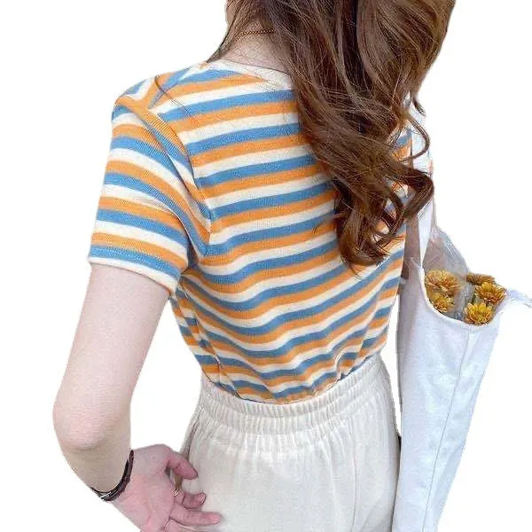 Popular Striped Short Sleeve T-Shirt Summer Women Slim Look Tops Student Korean Matching T-Shirt
