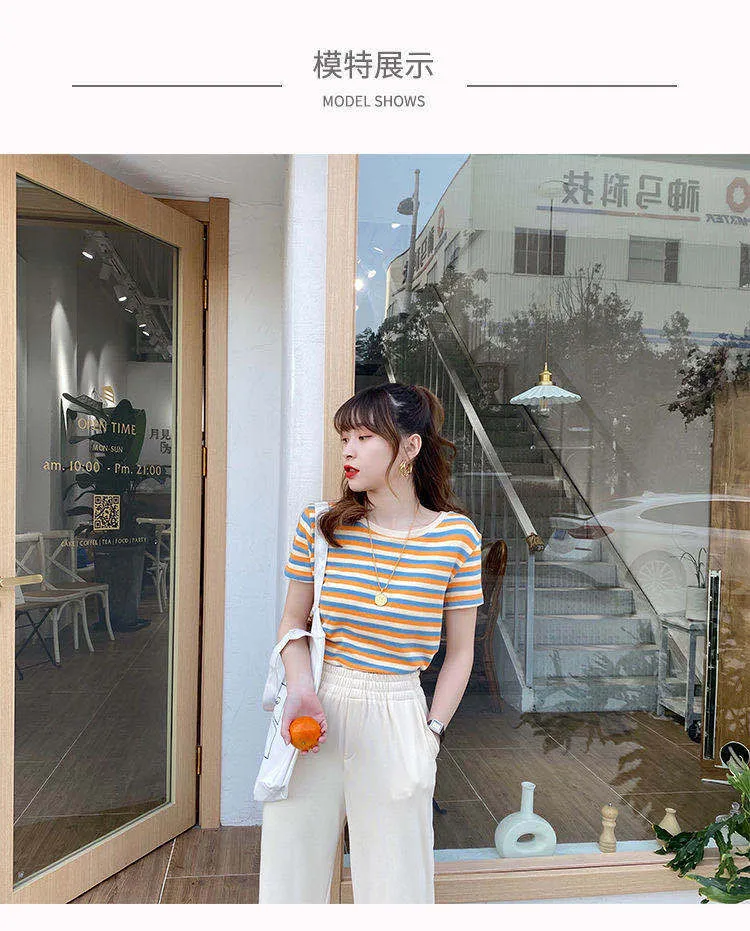 Popular Striped Short Sleeve T-Shirt Summer Women Slim Look Tops Student Korean Matching T-Shirt