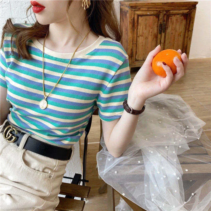 Popular Striped Short Sleeve T-Shirt Summer Women Slim Look Tops Student Korean Matching T-Shirt