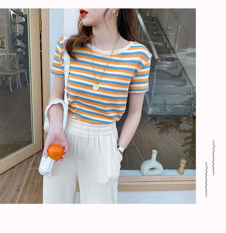 Popular Striped Short Sleeve T-Shirt Summer Women Slim Look Tops Student Korean Matching T-Shirt