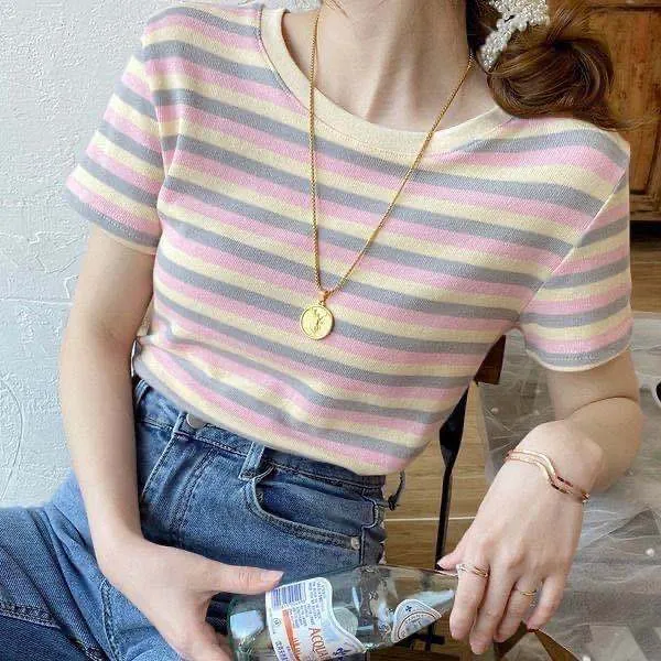 Popular Striped Short Sleeve T-Shirt Summer Women Slim Look Tops Student Korean Matching T-Shirt