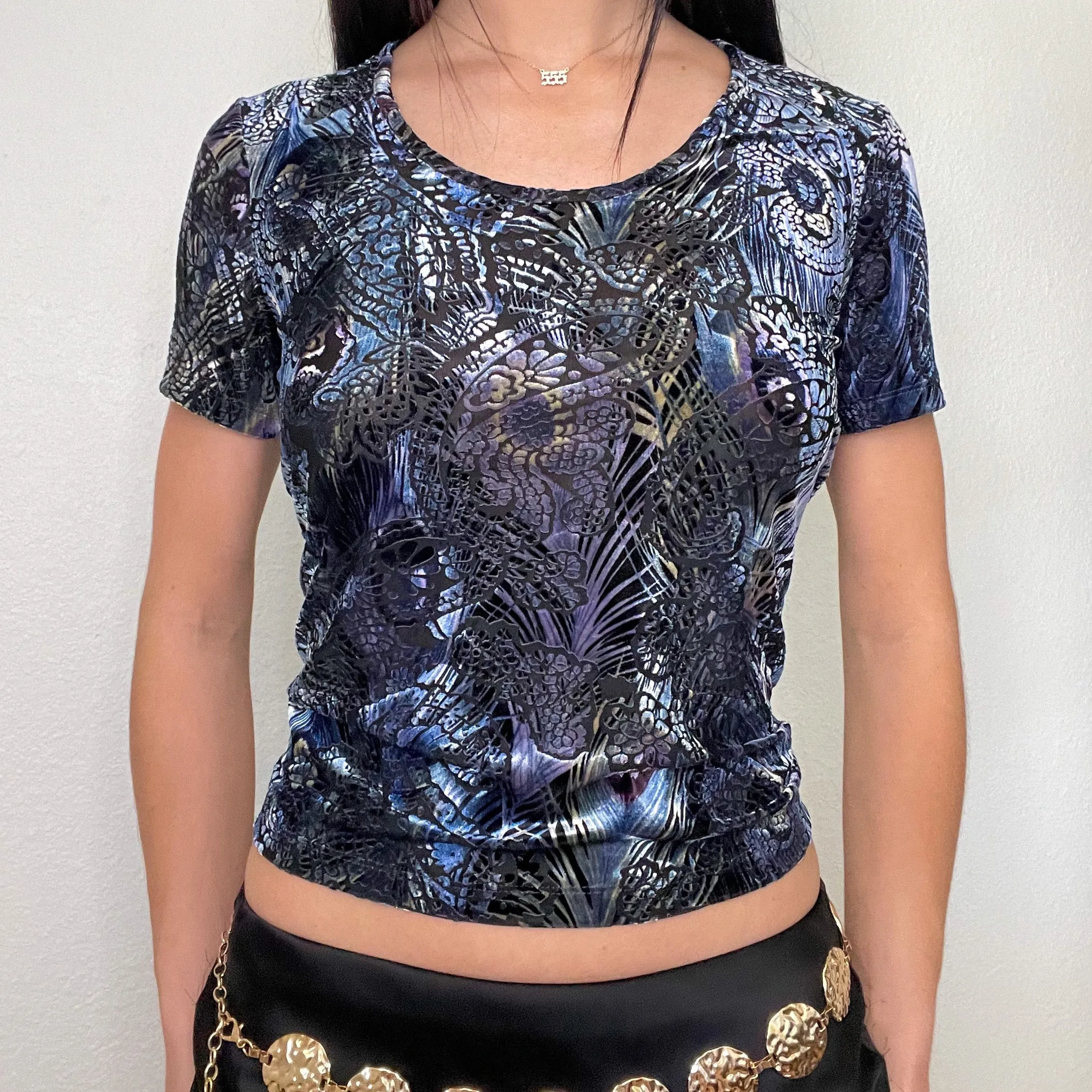 Purple Velour Mesh Printed Top (S)